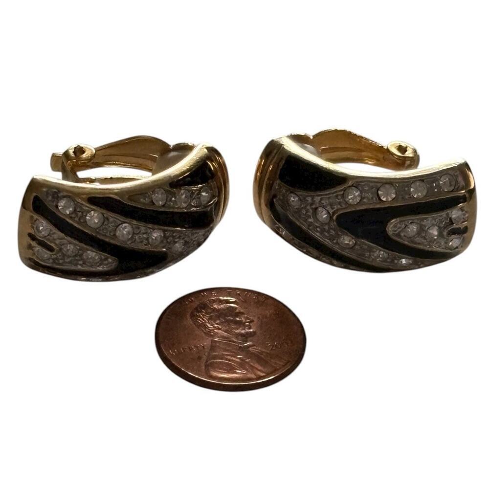 Black Enamel Rhinestone Earrings animal print gold tone 1980s clip on - Picture 7 of 7